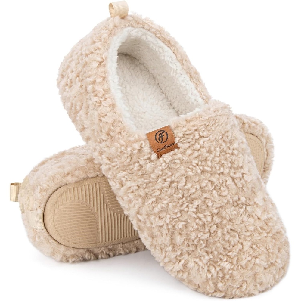 image:imageEverFoams Womens Soft Curly Slippers Memory Foam Lightweight House ShoesKhaki