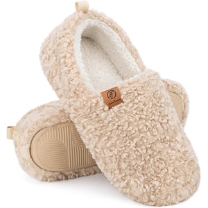 EverFoams Women’s Soft Curly Slippers Memory Foam Lightweight House Shoes(Khaki)