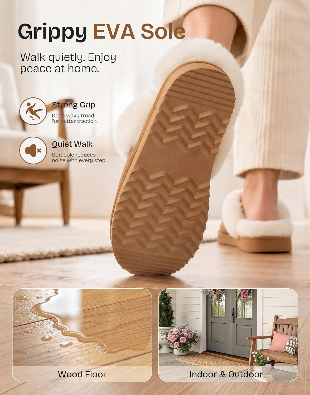 image:imageEverFoams Womens Genuine Leather Wool House Slippers With Plush CollarAuburn