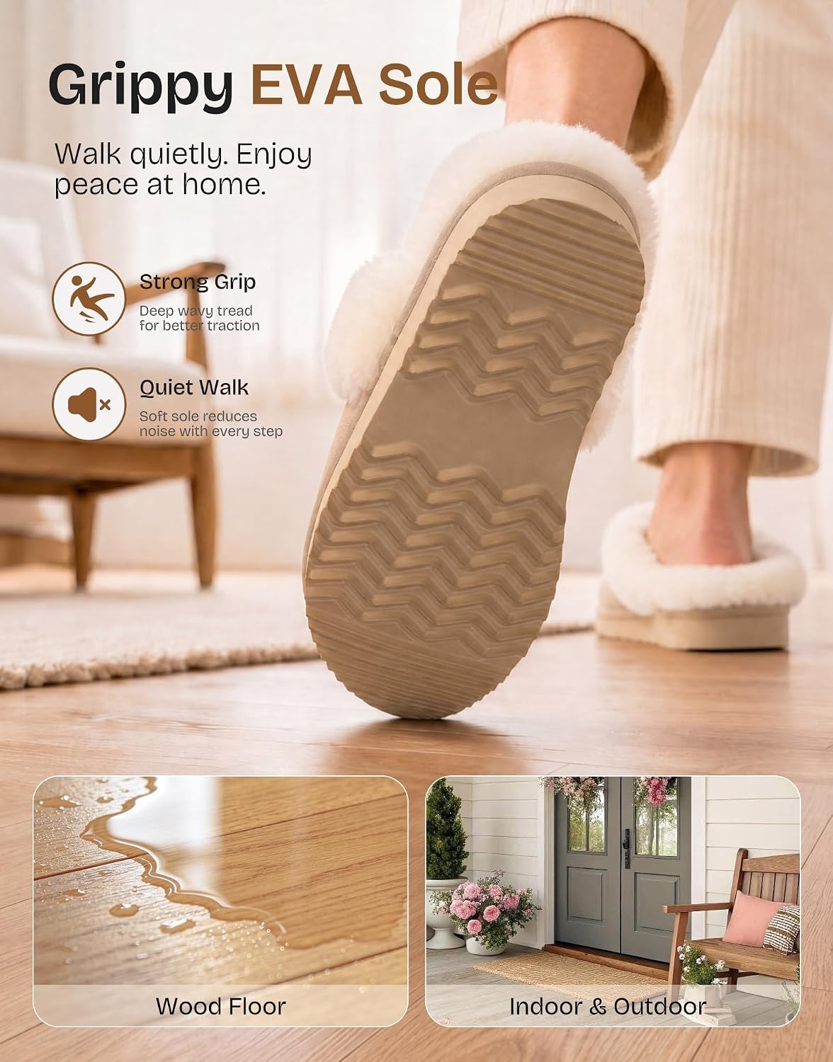 image:imageEverFoams Womens Genuine Leather Wool House Slippers With Plush CollarBeige