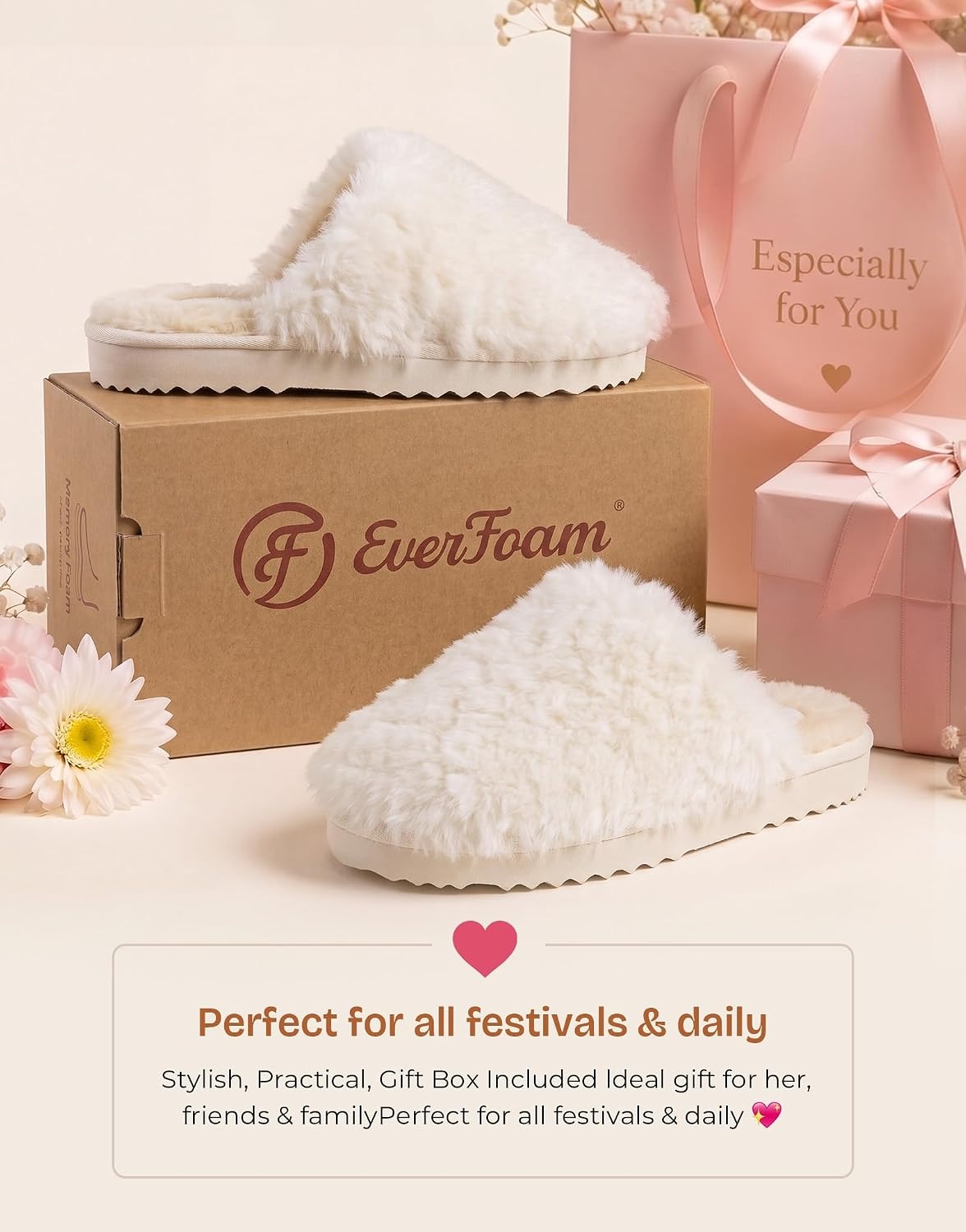 image:imageEverFoams Womens Memory Foam Slippers Faux Fur Scuff Indoor OutdoorOffwhite Cloud