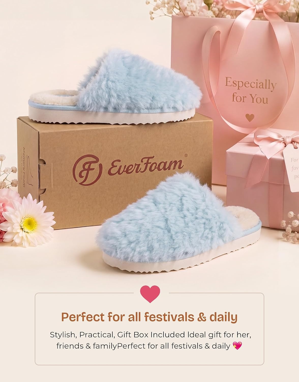 image:imageEverFoams Womens Memory Foam Slippers Faux Fur Scuff Indoor OutdoorSky Blue
