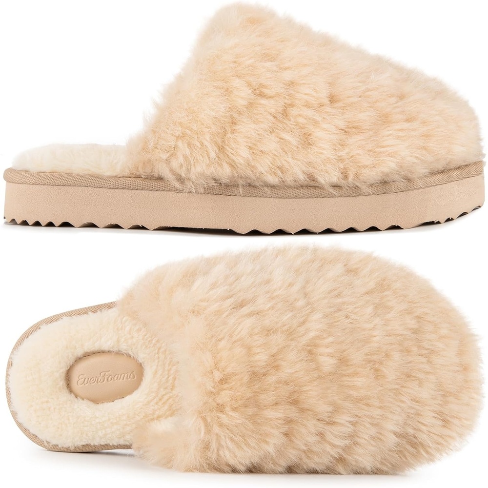 image:imageEverFoams Womens Memory Foam Slippers Faux Fur Scuff Indoor OutdoorDune Khaki